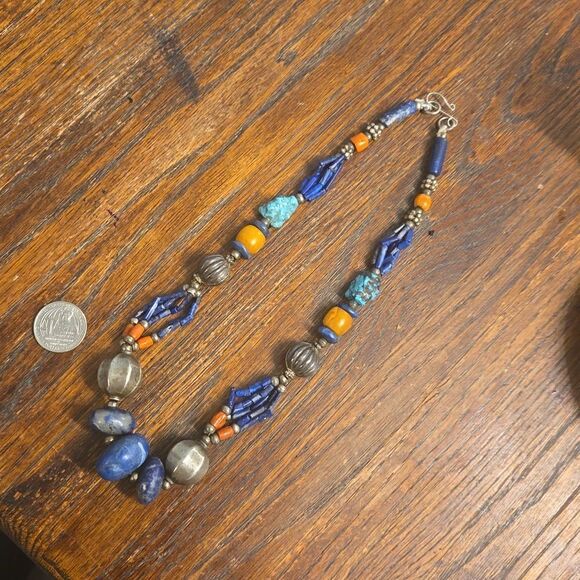 Old vintage silver, turquoise lapis necklace - Picture 4 of 8